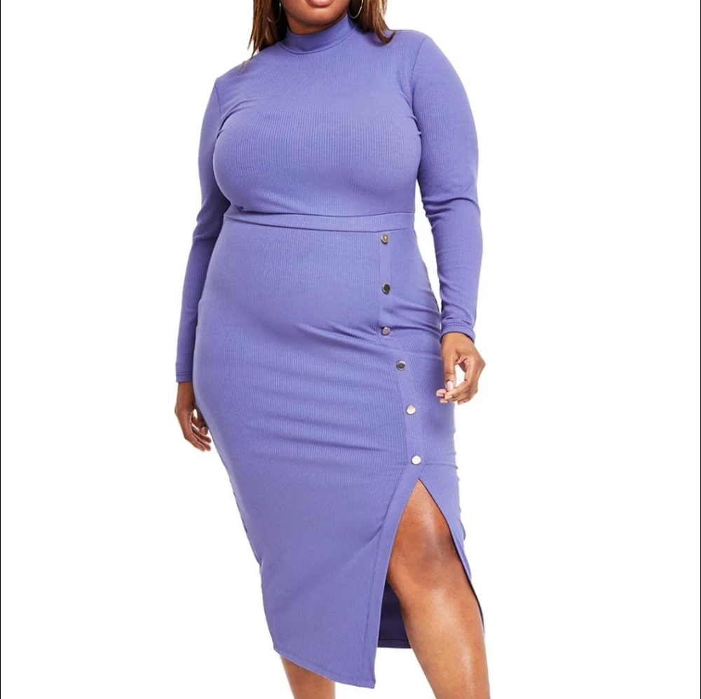 Nina Parker Women's Purple Rib Mock Neck Asymmetrical Button Dress Plus Size 3x